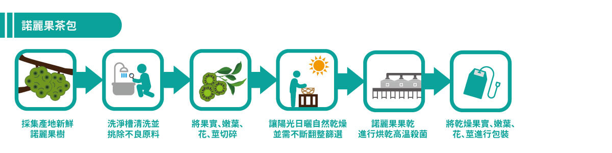 諾麗果茶包製程示意圖